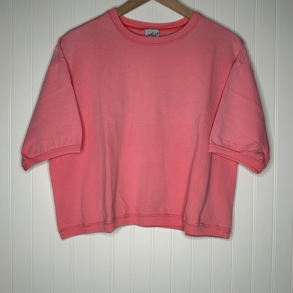 Vintage Chic Womens Crop T Shirt L Coral Pink Made USA 90s Russell Corp